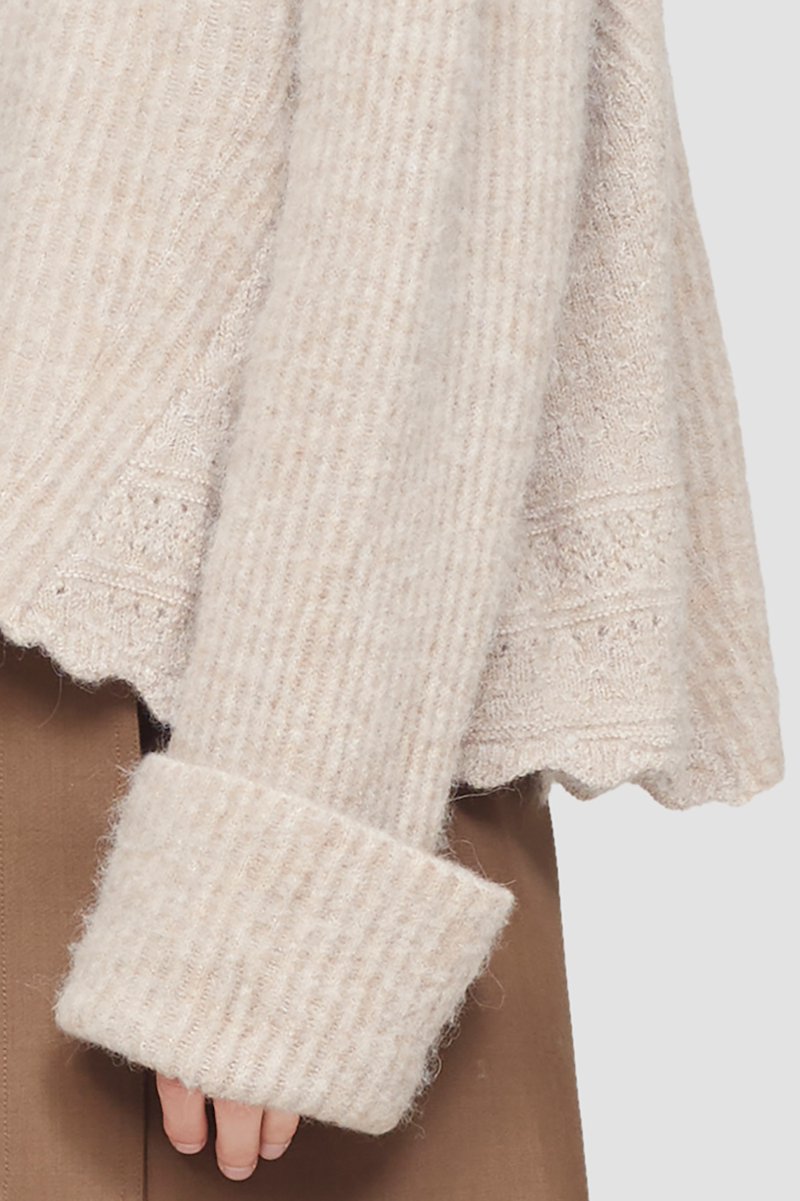 Long Sleeve Crewneck Pullover With Lace Detail-neutrals #0 Long Sleeve Crewneck Pullover With Lace Detail, scallop-trim ribbed-knit jumper from 3.1 PHILLIP LIM featuring taupe, wool blend, ribbed knit, crew neck, turn-up cuffs, long wide sleeves and scallop hem.- 6