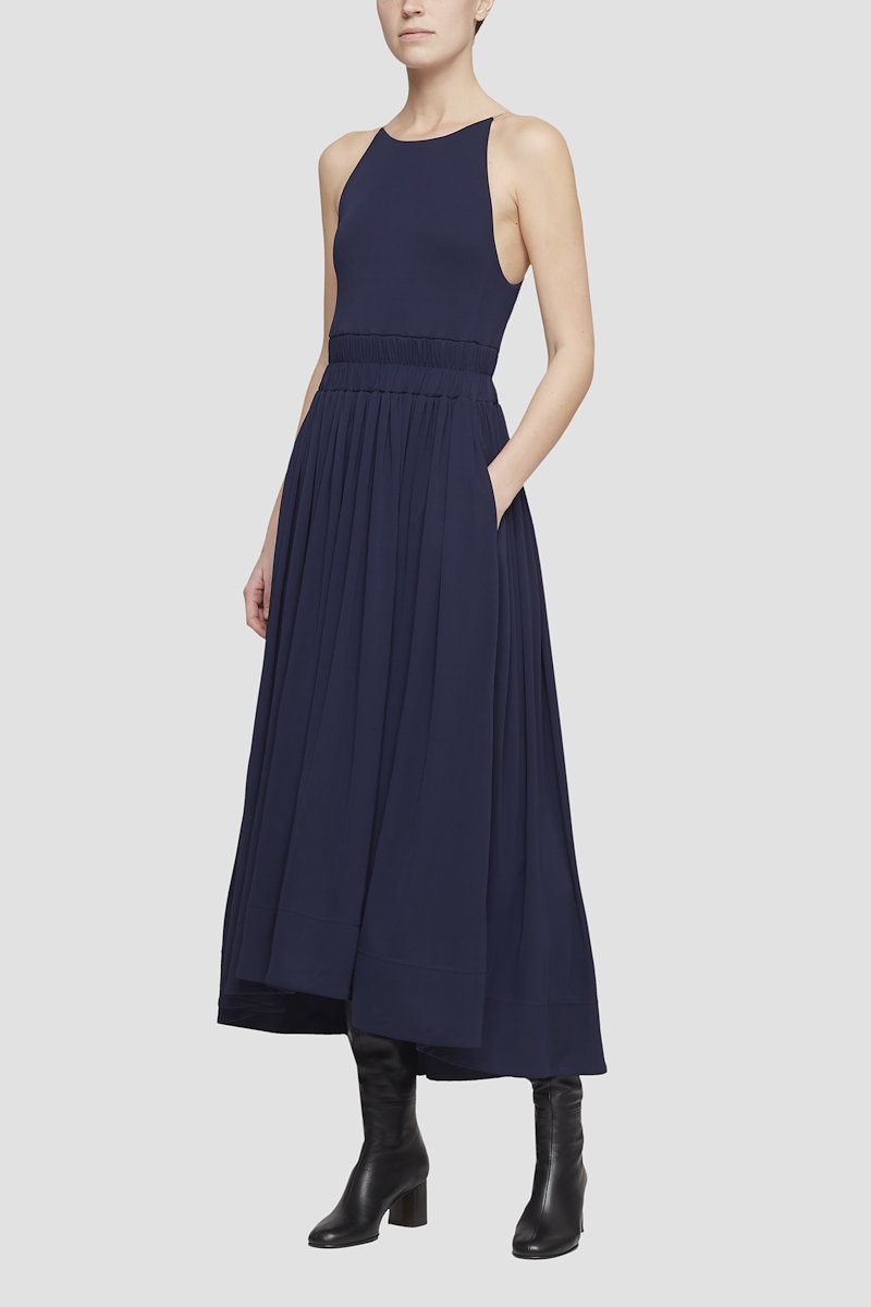 Shirred Waist Chain Strap Dress, Midnight blue shirred-waist midi dress from 3.1 PHILLIP LIM featuring shirred panel, rear zip fastening, flared skirt, curved hem, chain-link shoulder straps and midi-length.- 1
