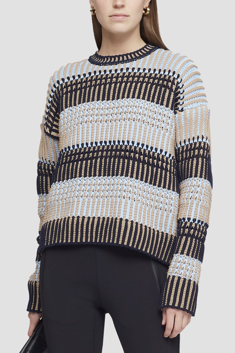 Striped Long Sleeve Sweater-multicolour #1 Striped Long Sleeve Sweater, Black/blue striped-knit two-tone jumper from 3.1 PHILLIP LIM featuring two-tone design, ribbed-knit edge, chunky knit, long sleeves and straight hem.- 1