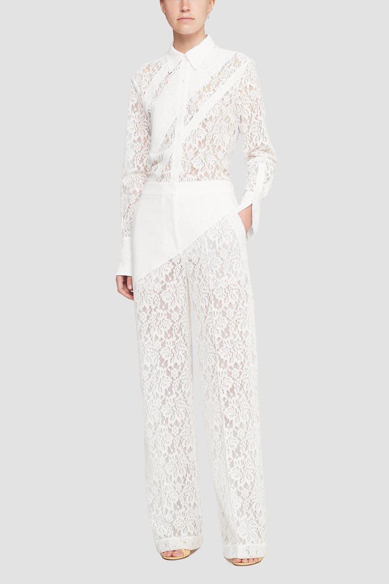 Flocked Lace Long Sleeve Shirt-white #0 Flocked Lace Long Sleeve Shirt, null- 0