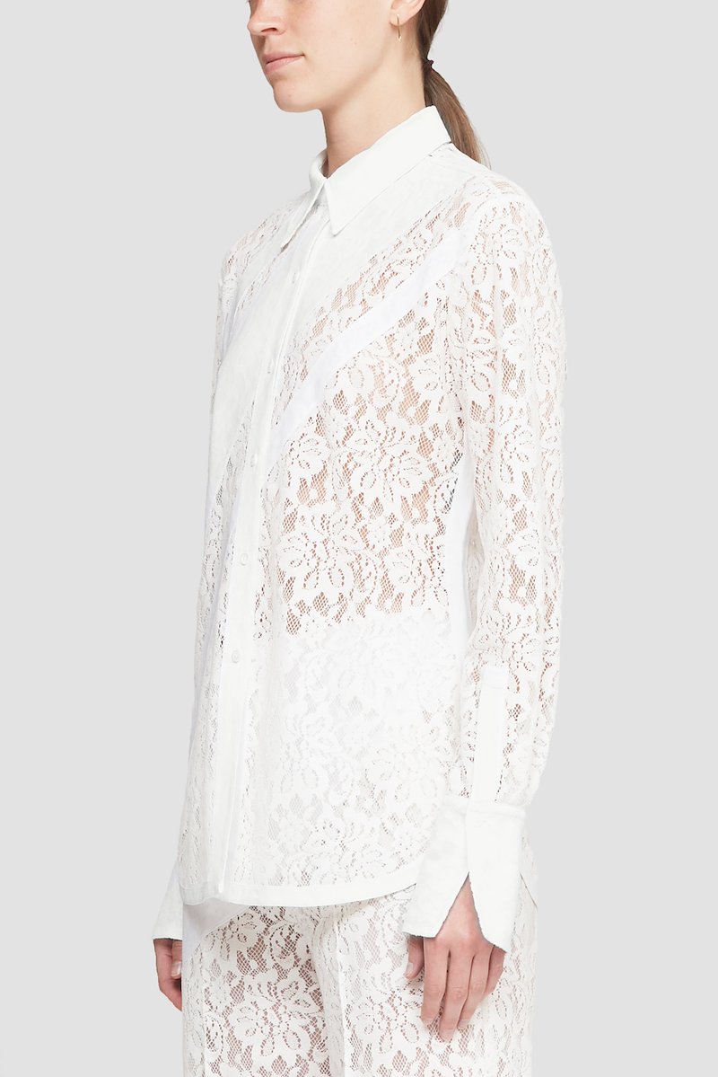 Flocked Lace Long Sleeve Shirt-white #0 Flocked Lace Long Sleeve Shirt, null- 2
