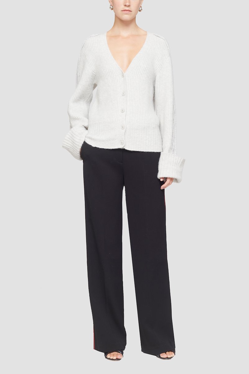 Ribbed Cardigan With Lace Detail -white #0 Ribbed Cardigan With Lace Detail , lace-trim ribbed-knit cardigan from 3.1 PHILLIP LIM featuring light grey, ribbed knit, lace trim, plunging V-neck, front button fastening, long sleeves and turn-up cuffs.- 0