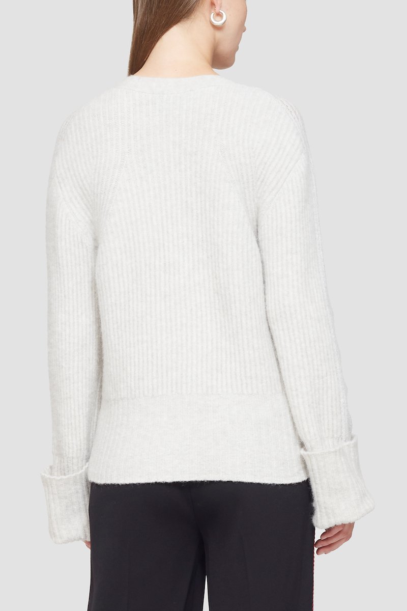 Ribbed Cardigan With Lace Detail -white #1 Ribbed Cardigan With Lace Detail , lace-trim ribbed-knit cardigan from 3.1 PHILLIP LIM featuring light grey, ribbed knit, lace trim, plunging V-neck, front button fastening, long sleeves and turn-up cuffs.- 3