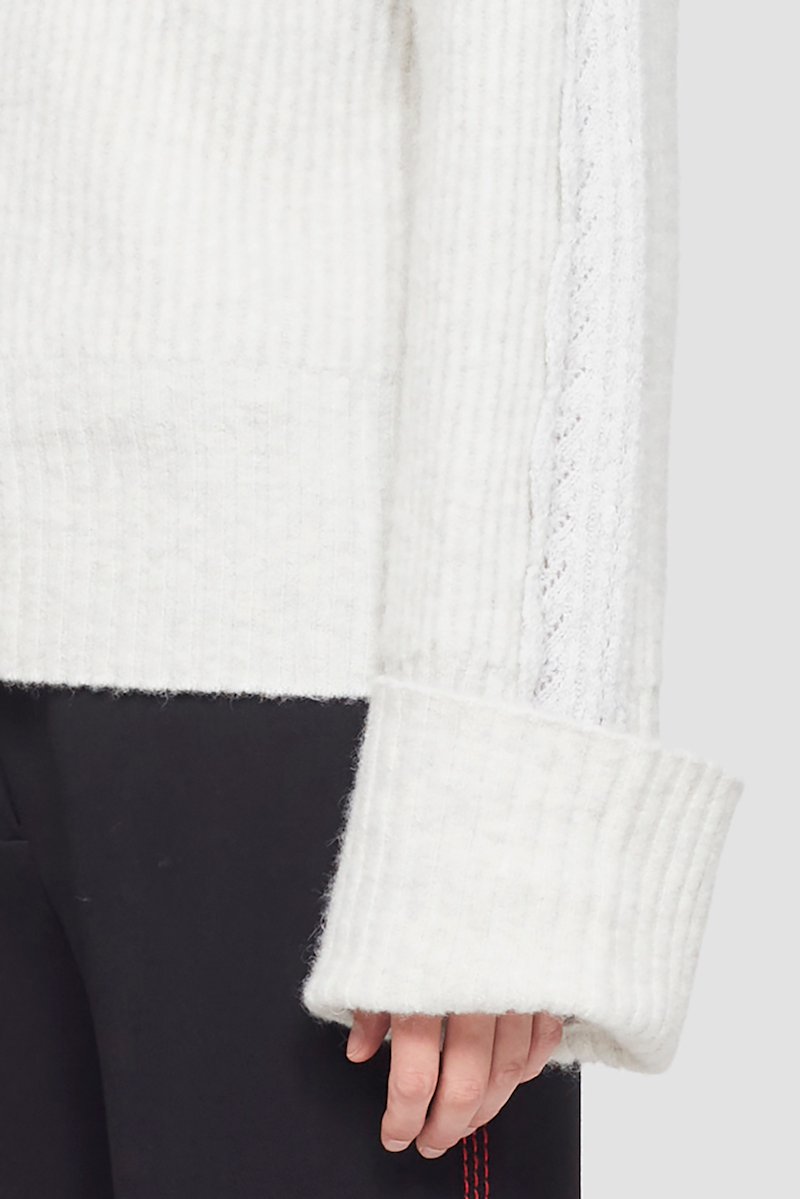 Ribbed Cardigan With Lace Detail -white #0 Ribbed Cardigan With Lace Detail , lace-trim ribbed-knit cardigan from 3.1 PHILLIP LIM featuring light grey, ribbed knit, lace trim, plunging V-neck, front button fastening, long sleeves and turn-up cuffs.- 4