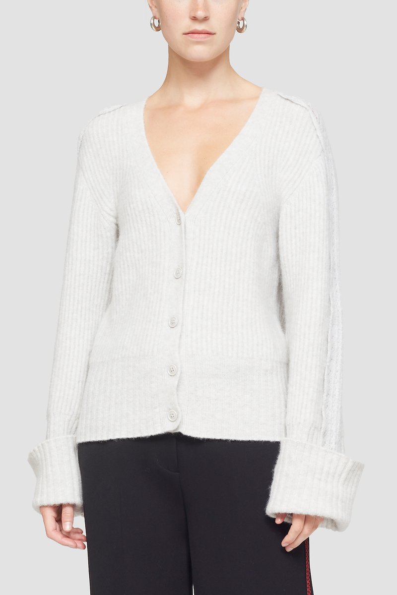 Ribbed Cardigan With Lace Detail -white #1 Ribbed Cardigan With Lace Detail , lace-trim ribbed-knit cardigan from 3.1 PHILLIP LIM featuring light grey, ribbed knit, lace trim, plunging V-neck, front button fastening, long sleeves and turn-up cuffs.- 1