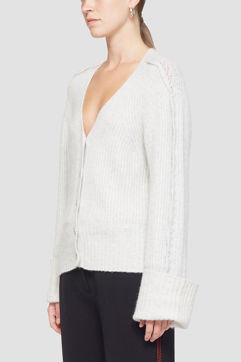 Ribbed Cardigan With Lace Detail -white #0 Ribbed Cardigan With Lace Detail , lace-trim ribbed-knit cardigan from 3.1 PHILLIP LIM featuring light grey, ribbed knit, lace trim, plunging V-neck, front button fastening, long sleeves and turn-up cuffs.- 2
