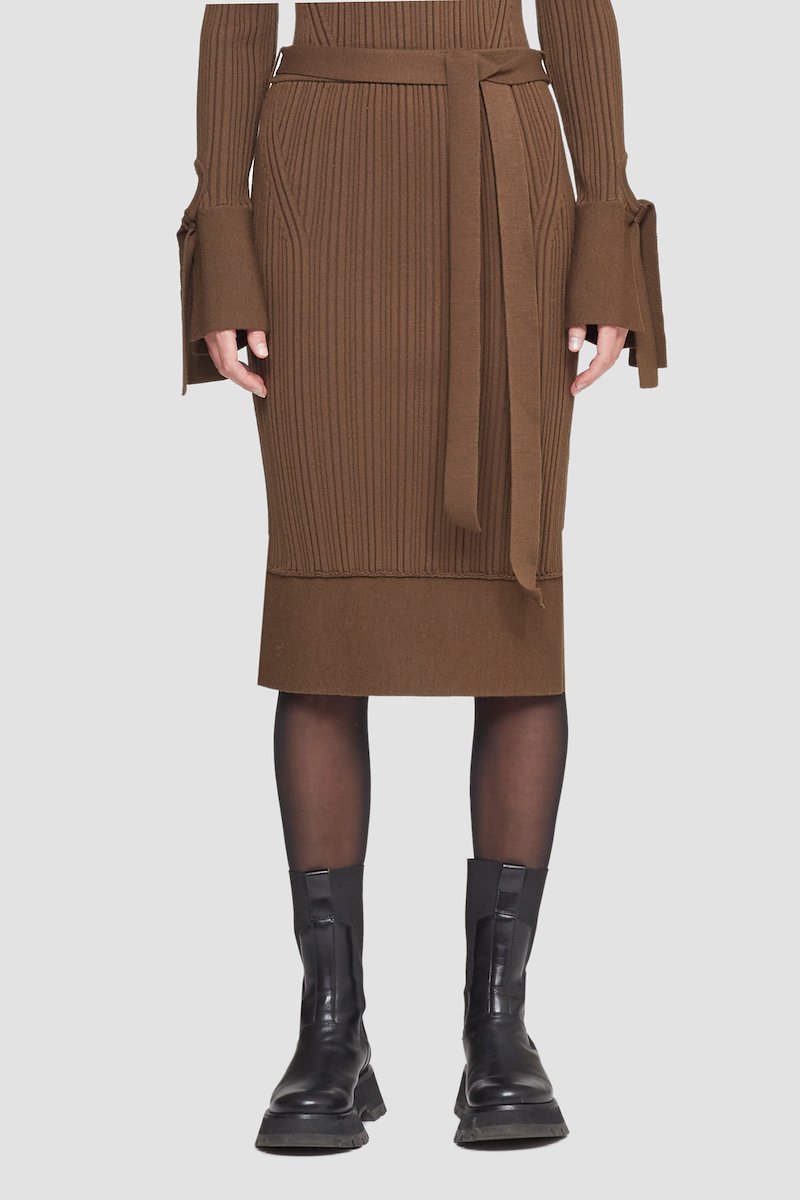 Ribbed Tie-Waist Skirt-brown #1 Ribbed Tie-Waist Skirt, null- 1
