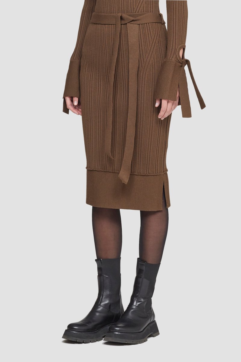 Ribbed Tie-Waist Skirt-brown #0 Ribbed Tie-Waist Skirt, null- 2