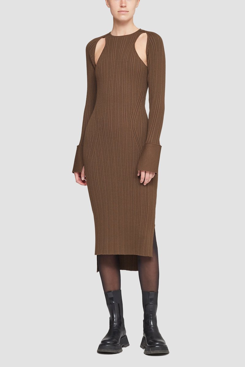 Ribbed Scooped Back Dress -brown #0 Ribbed Scooped Back Dress , Dark olive wool blend cut-out rib-knit midi dress from 3.1 PHILLIP LIM featuring cut-out detailing, ribbed knit, round neck, long sleeves, cuff sleeves, rear tie fastening, side slits, high-low hem and mid-length.- 2