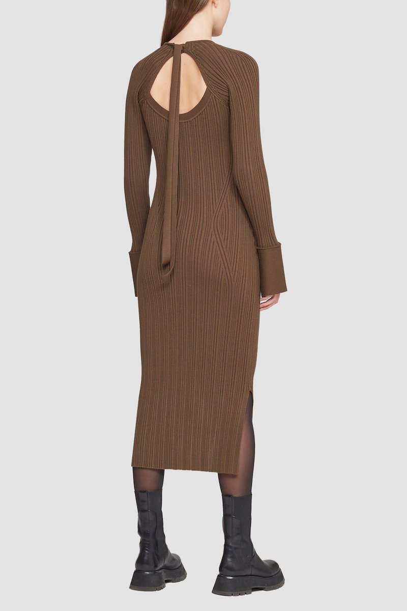 Ribbed Scooped Back Dress -brown #1 Ribbed Scooped Back Dress , Dark olive wool blend cut-out rib-knit midi dress from 3.1 PHILLIP LIM featuring cut-out detailing, ribbed knit, round neck, long sleeves, cuff sleeves, rear tie fastening, side slits, high-low hem and mid-length.- 5