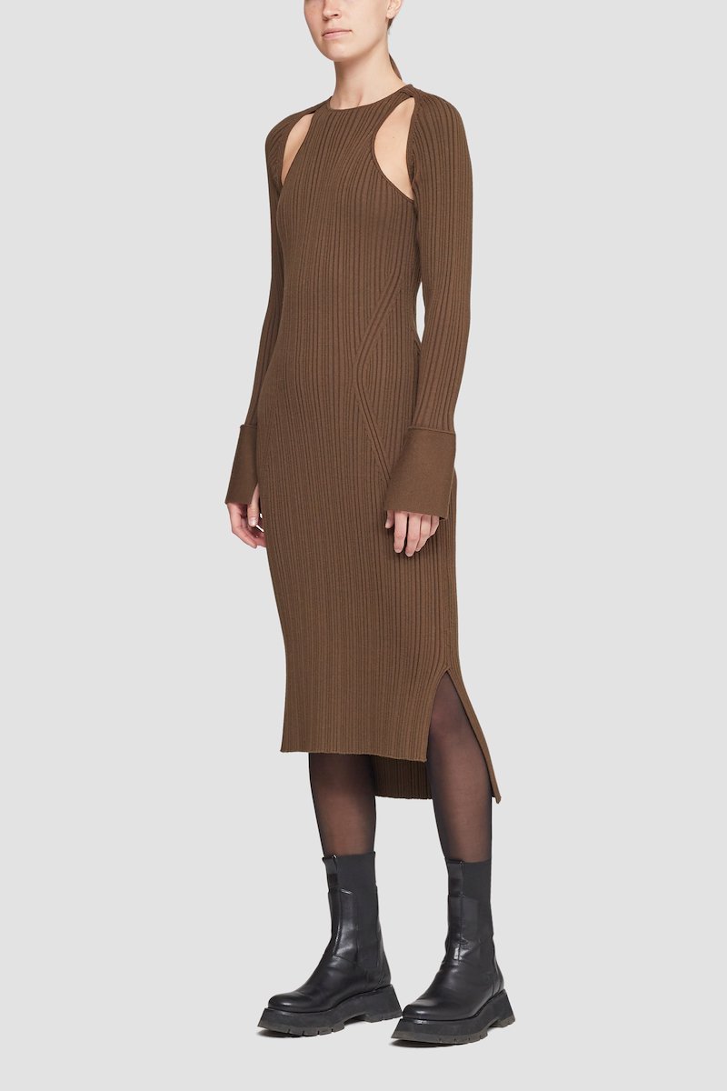 Ribbed Scooped Back Dress -brown #0 Ribbed Scooped Back Dress , Dark olive wool blend cut-out rib-knit midi dress from 3.1 PHILLIP LIM featuring cut-out detailing, ribbed knit, round neck, long sleeves, cuff sleeves, rear tie fastening, side slits, high-low hem and mid-length.- 4