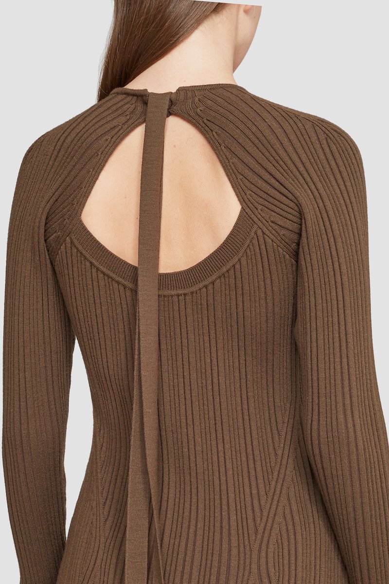 Ribbed Scooped Back Dress -brown #0 Ribbed Scooped Back Dress , Dark olive wool blend cut-out rib-knit midi dress from 3.1 PHILLIP LIM featuring cut-out detailing, ribbed knit, round neck, long sleeves, cuff sleeves, rear tie fastening, side slits, high-low hem and mid-length.- 6