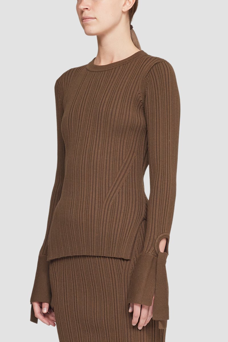 Ribbed Long Sleeve Cuffed Crewneck Top-brown #0 Ribbed Long Sleeve Cuffed Crewneck Top, Dark olive wool long-sleeve knitted top from 3.1 PHILLIP LIM featuring knitted construction, round neck, long sleeves, cut-out detailing and tie sleeves.- 4