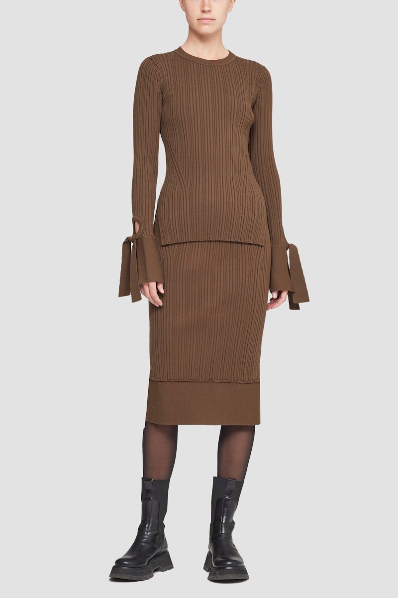 Ribbed Long Sleeve Cuffed Crewneck Top-brown #0 Ribbed Long Sleeve Cuffed Crewneck Top, Dark olive wool long-sleeve knitted top from 3.1 PHILLIP LIM featuring knitted construction, round neck, long sleeves, cut-out detailing and tie sleeves.- 2