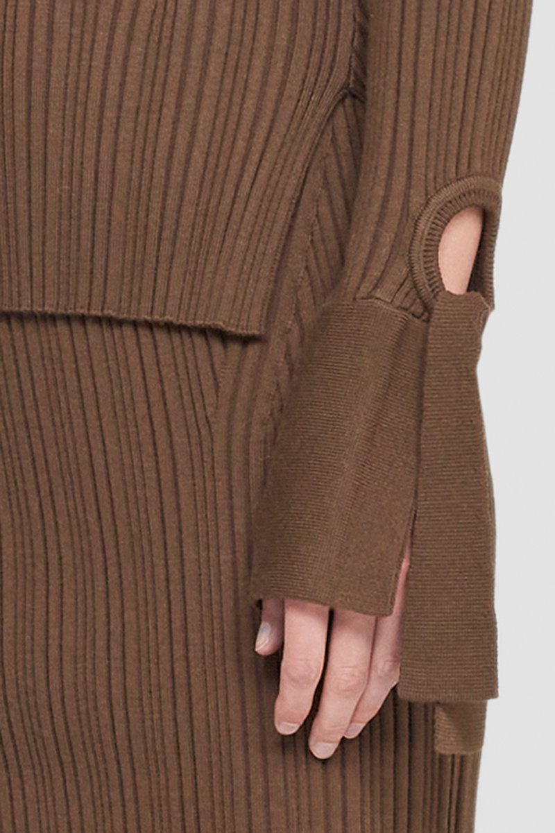 Ribbed Long Sleeve Cuffed Crewneck Top-brown #0 Ribbed Long Sleeve Cuffed Crewneck Top, Dark olive wool long-sleeve knitted top from 3.1 PHILLIP LIM featuring knitted construction, round neck, long sleeves, cut-out detailing and tie sleeves.- 6