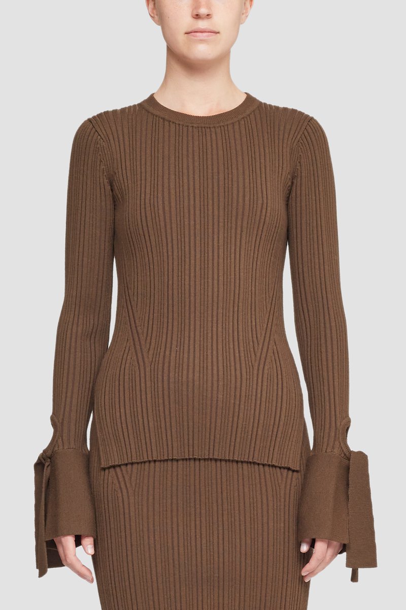 Ribbed Long Sleeve Cuffed Crewneck Top-brown #1 Ribbed Long Sleeve Cuffed Crewneck Top, Dark olive wool long-sleeve knitted top from 3.1 PHILLIP LIM featuring knitted construction, round neck, long sleeves, cut-out detailing and tie sleeves.- 1