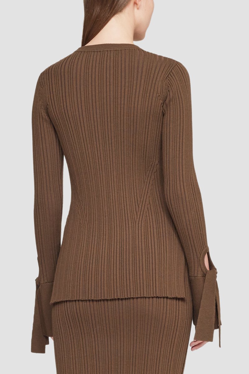 Ribbed Long Sleeve Cuffed Crewneck Top-brown #1 Ribbed Long Sleeve Cuffed Crewneck Top, Dark olive wool long-sleeve knitted top from 3.1 PHILLIP LIM featuring knitted construction, round neck, long sleeves, cut-out detailing and tie sleeves.- 5