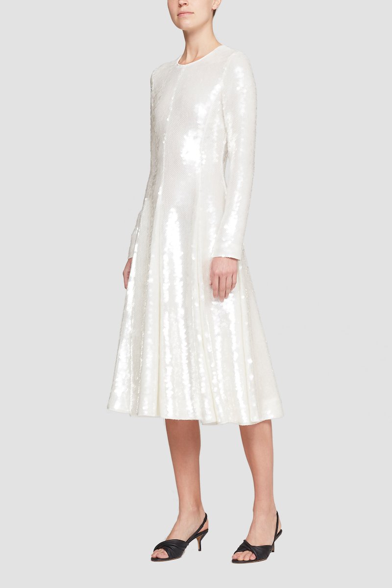 Long Sleeve Sequined Flare Dress-white #0 Long Sleeve Sequined Flare Dress, null- 2