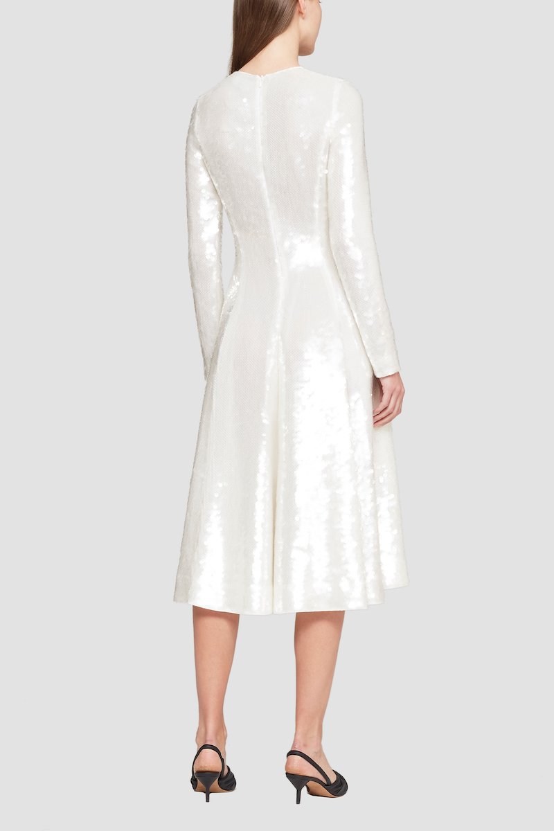 Long Sleeve Sequined Flare Dress-white #1 Long Sleeve Sequined Flare Dress, null- 3
