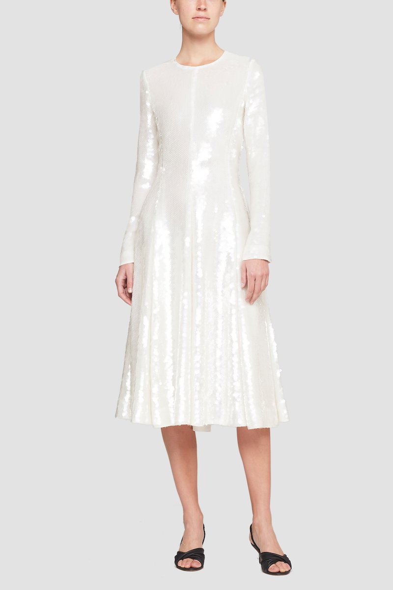 Long Sleeve Sequined Flare Dress-white #0 Long Sleeve Sequined Flare Dress, null- 0