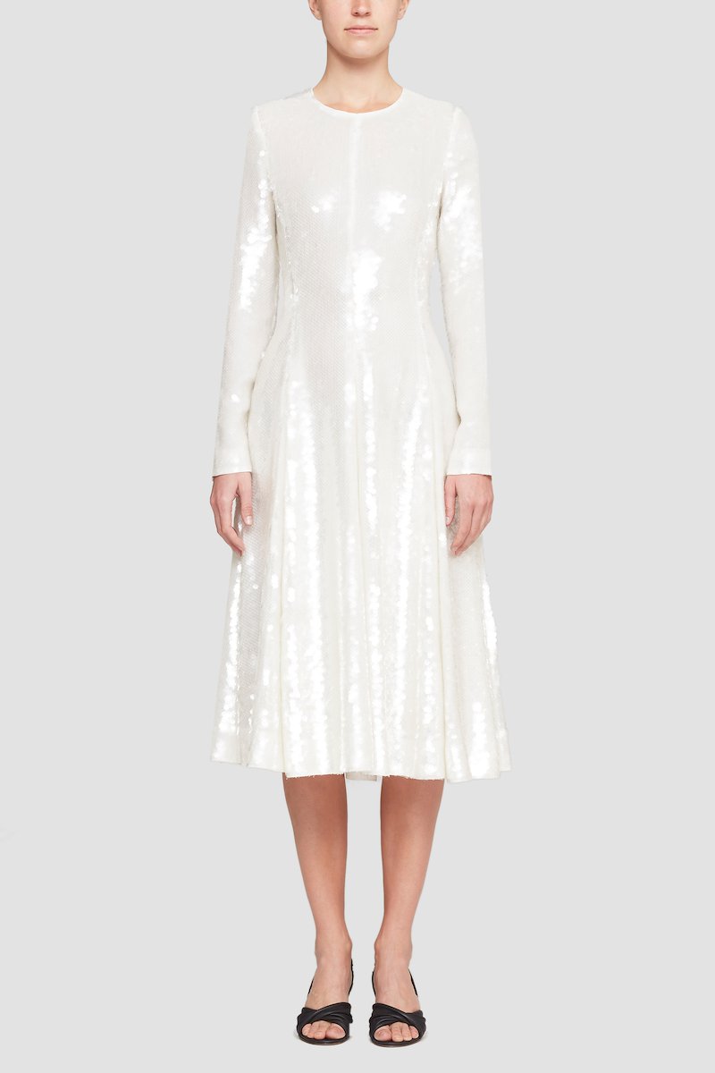 Long Sleeve Sequined Flare Dress-white #1 Long Sleeve Sequined Flare Dress, null- 1