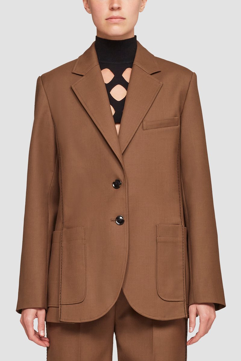 Structured Twill Slit-Front Blazer-brown #0 Structured Twill Slit-Front Blazer, null- 2