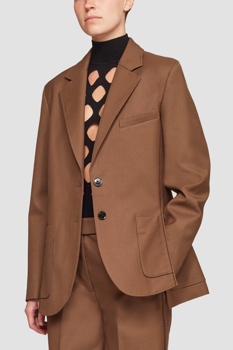 Structured Twill Slit-Front Blazer-brown #1 Structured Twill Slit-Front Blazer, null- 1