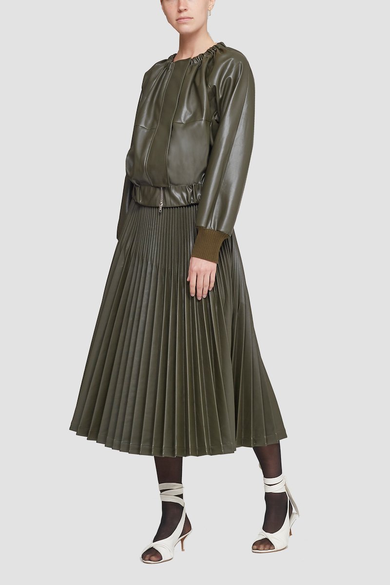 Leather Alternative Ruched Collar Jacket-green #1 Leather Alternative Ruched Collar Jacket, Dark olive zip-fastening gathered-detail jacket from 3.1 PHILLIP LIM featuring round neck, long sleeves, front zip fastening, two side slit pockets, tonal design, polished finish and gathered detailing.- 1