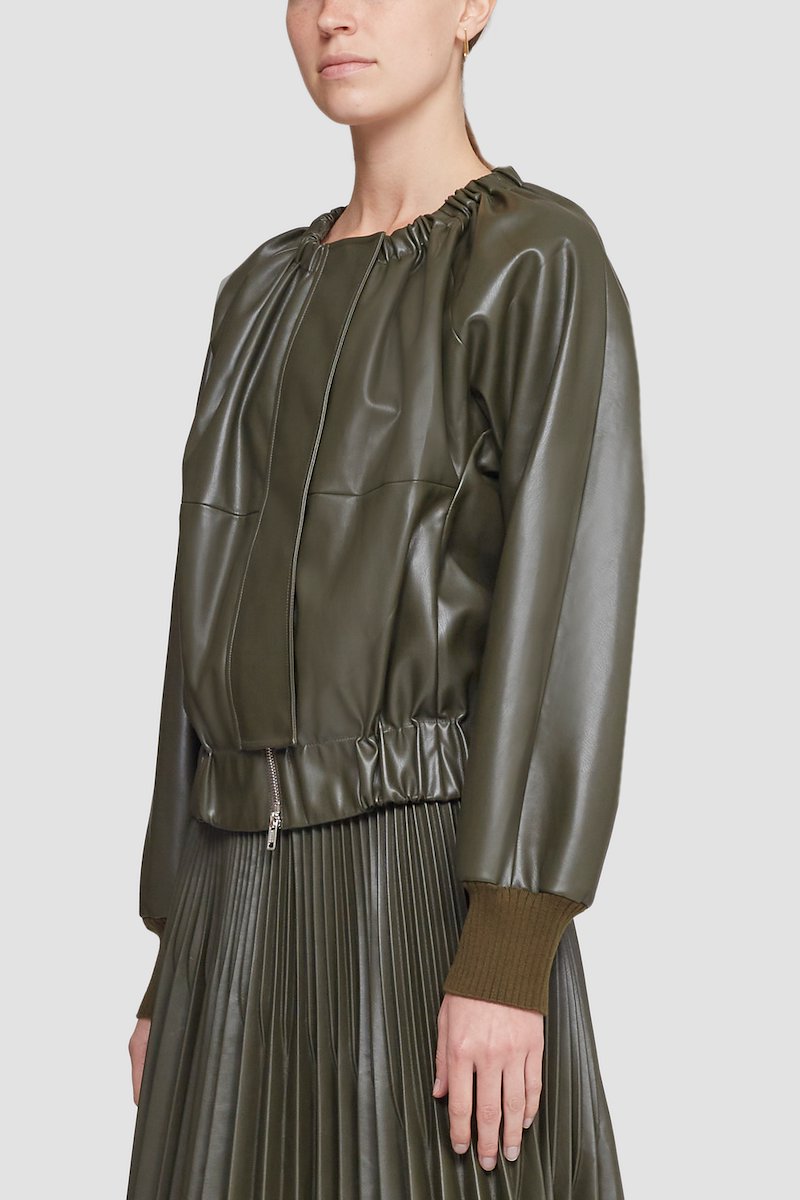 Leather Alternative Ruched Collar Jacket-green #0 Leather Alternative Ruched Collar Jacket, Dark olive zip-fastening gathered-detail jacket from 3.1 PHILLIP LIM featuring round neck, long sleeves, front zip fastening, two side slit pockets, tonal design, polished finish and gathered detailing.- 4