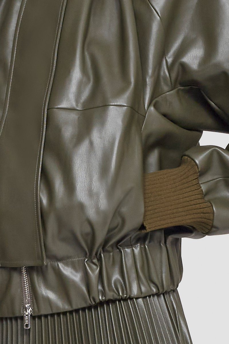 Leather Alternative Ruched Collar Jacket-green #0 Leather Alternative Ruched Collar Jacket, Dark olive zip-fastening gathered-detail jacket from 3.1 PHILLIP LIM featuring round neck, long sleeves, front zip fastening, two side slit pockets, tonal design, polished finish and gathered detailing.- 6