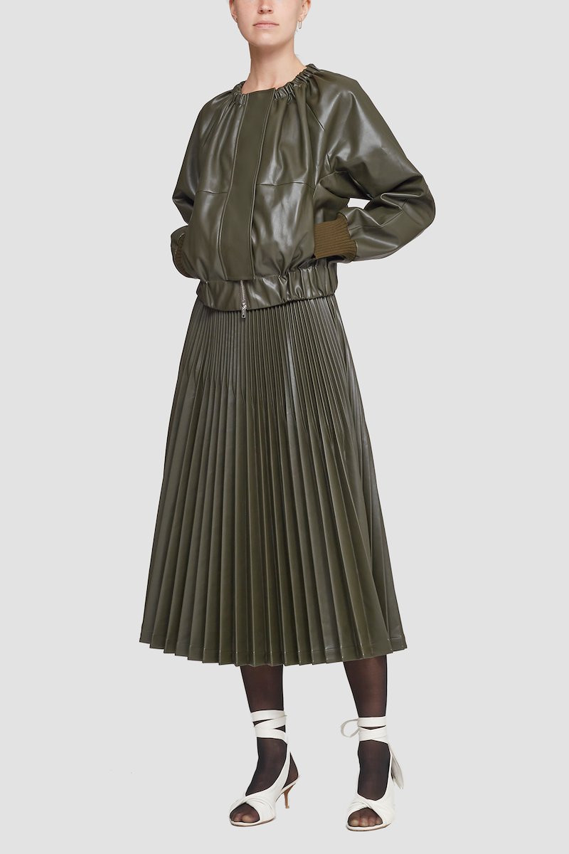 Leather Alternative Ruched Collar Jacket-green #0 Leather Alternative Ruched Collar Jacket, Dark olive zip-fastening gathered-detail jacket from 3.1 PHILLIP LIM featuring round neck, long sleeves, front zip fastening, two side slit pockets, tonal design, polished finish and gathered detailing.- 0