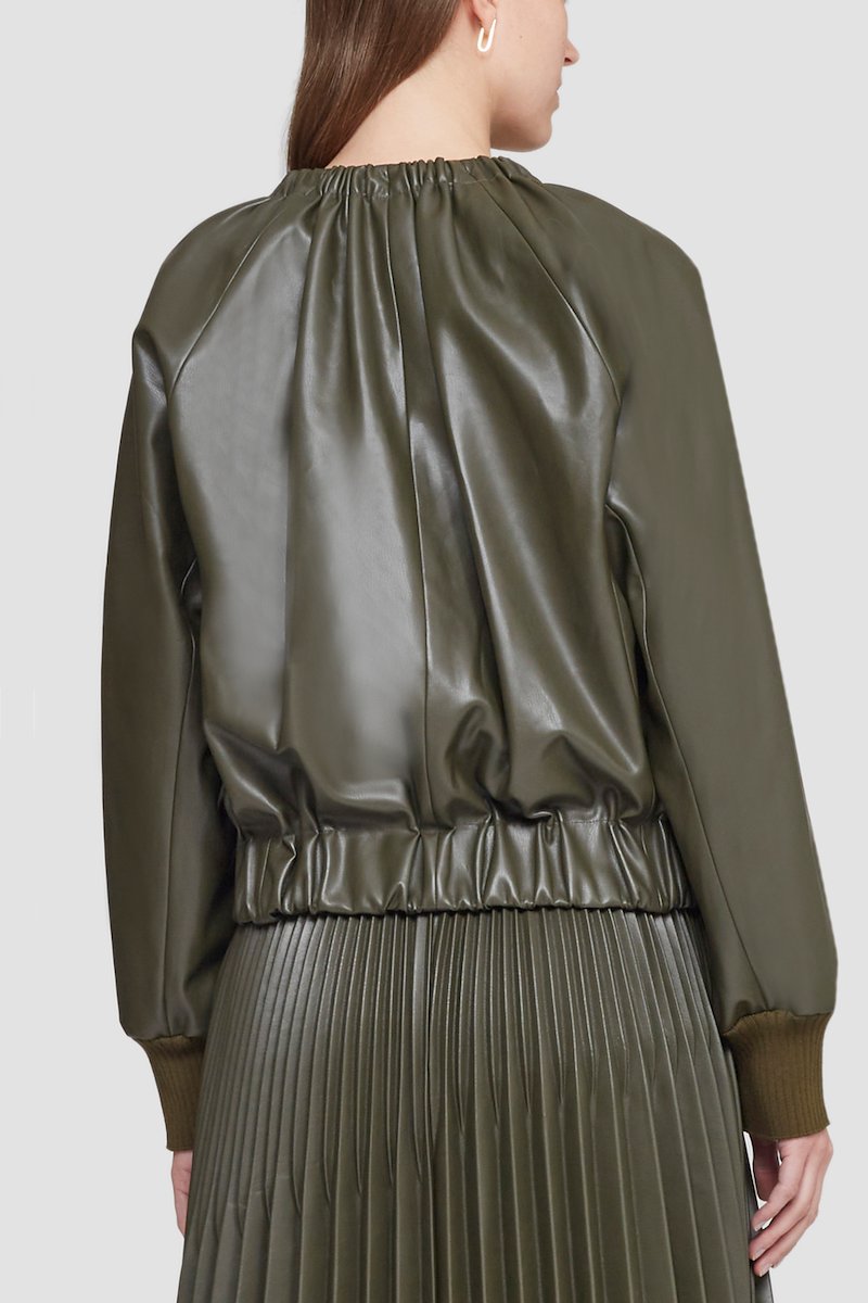 Leather Alternative Ruched Collar Jacket-green #1 Leather Alternative Ruched Collar Jacket, Dark olive zip-fastening gathered-detail jacket from 3.1 PHILLIP LIM featuring round neck, long sleeves, front zip fastening, two side slit pockets, tonal design, polished finish and gathered detailing.- 5