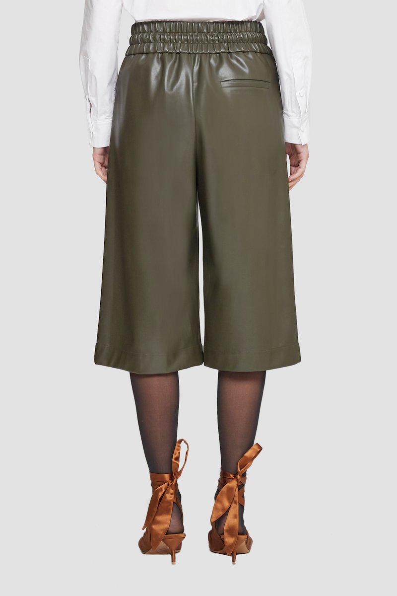 Leather Alternative Culottes-green #1 Leather Alternative Culottes, Dark green vegan leather box-pleat culottes from 3.1 PHILLIP LIM featuring faux-leather band, box-pleat detail, elasticated drawstring waistband, two side inset pockets, rear welt pocket, wide leg and cropped leg.- 5