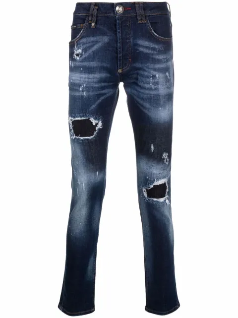 Philipp Plein 슈퍼 스트레이트 스톤워싱 디스트레스드 진