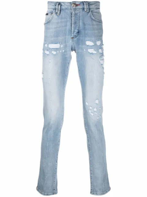 Philipp Plein 슈퍼 스트레이트 스톤워싱 디스트레스드 진