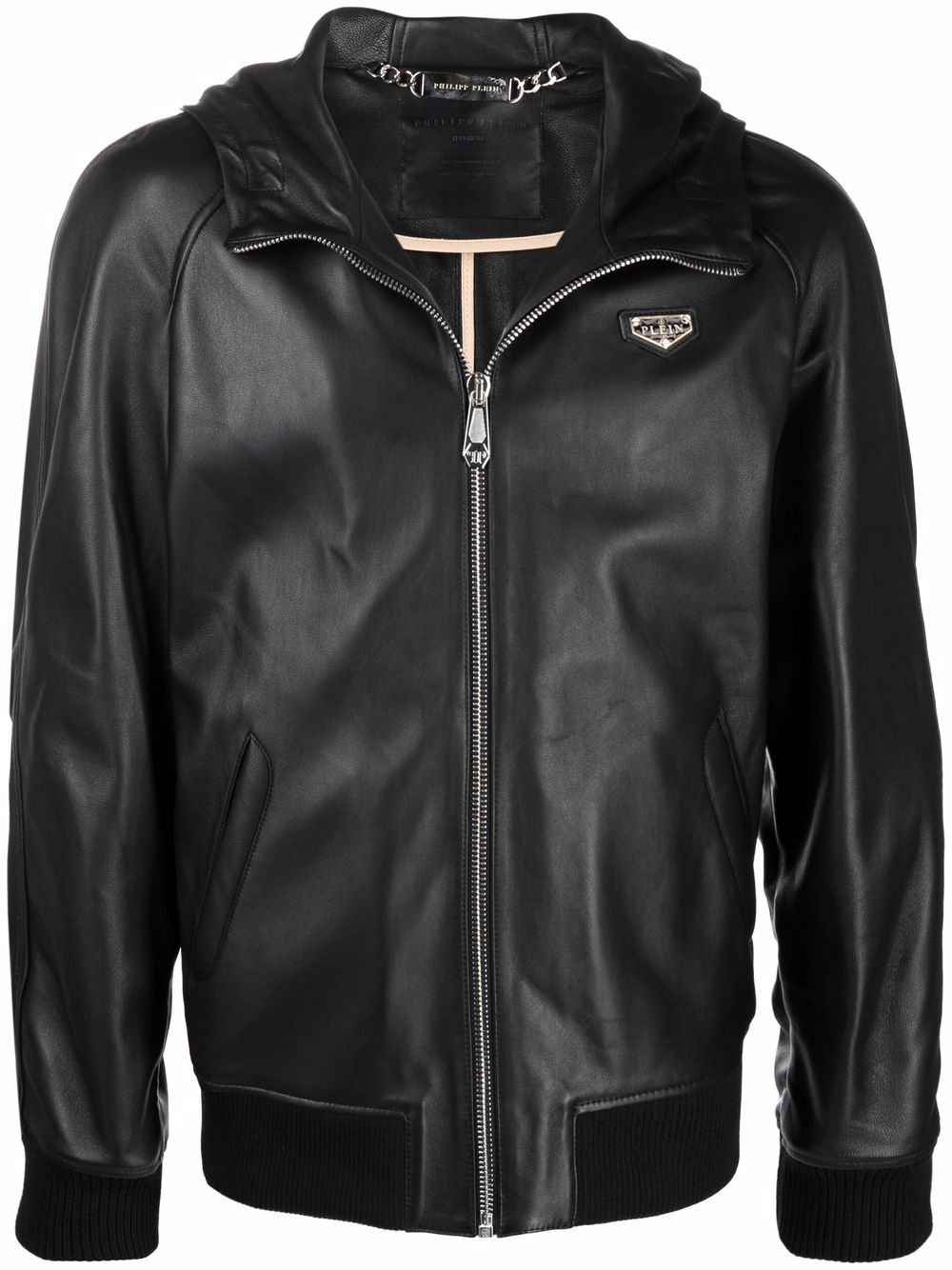 

Philipp Plein hooded lambskin zip-up jacket - Black