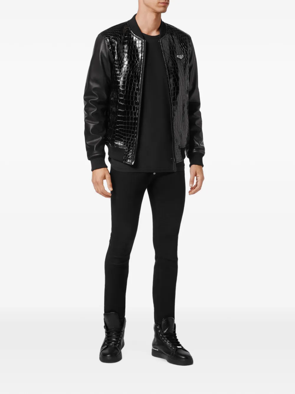 Philipp Plein Bomberjack met krokodillen-reliëf en vlakken Zwart