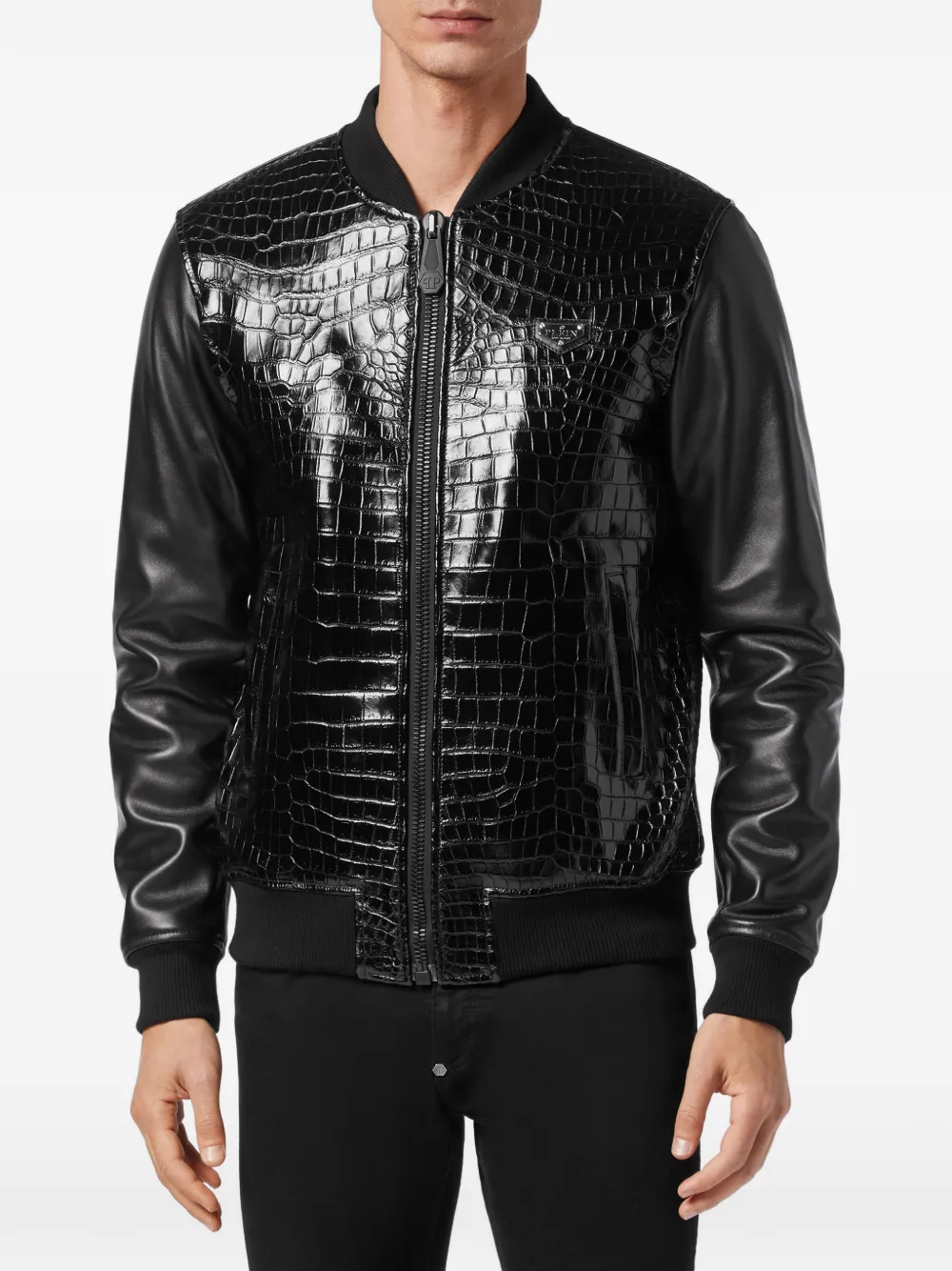 Philipp Plein Bomberjack met krokodillen-reliëf en vlakken Zwart