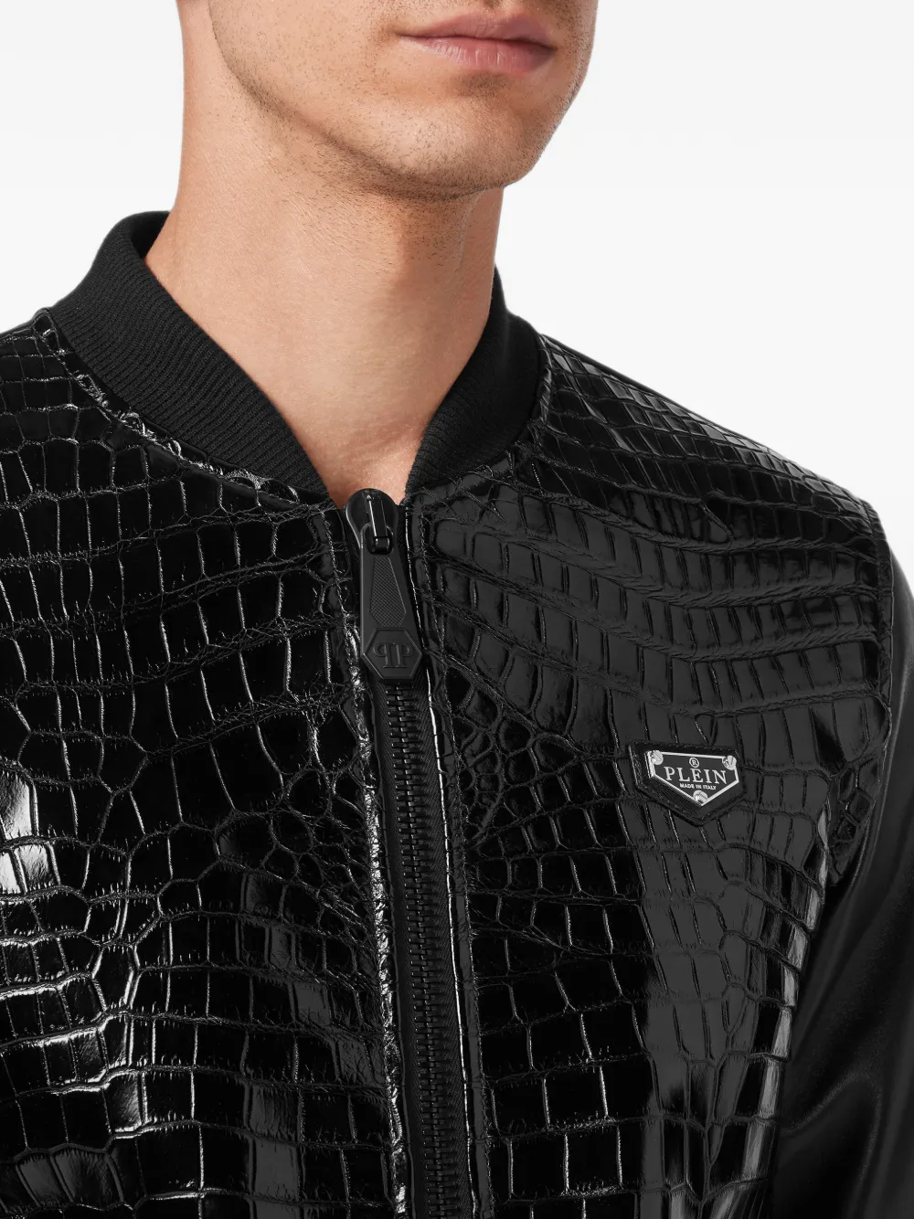 Philipp Plein Bomberjack met krokodillen-reliëf en vlakken Zwart