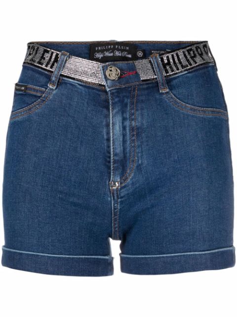 Philipp Plein rhinestone logo waistband denim shorts Women