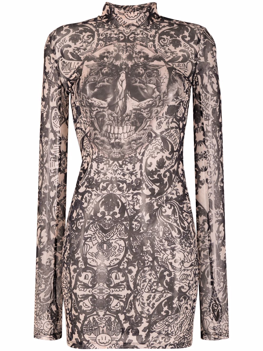 New Baroque printed tulle mini dress