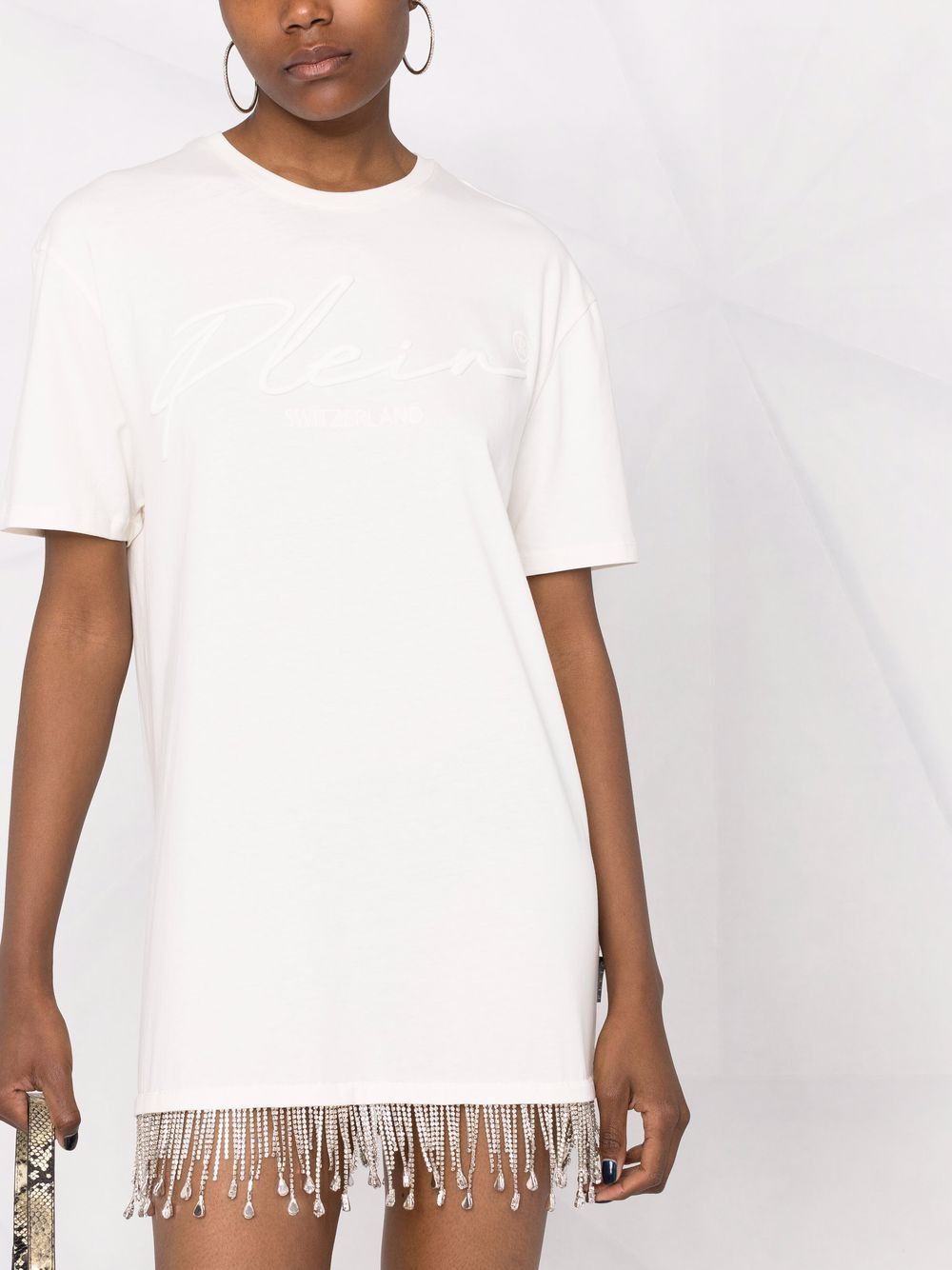 Shop Philipp Plein Crystal Fringe T-shirt Dress In Neutrals