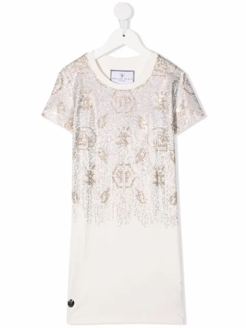 Philipp Plein Junior vestido estilo playera con detalles de strass