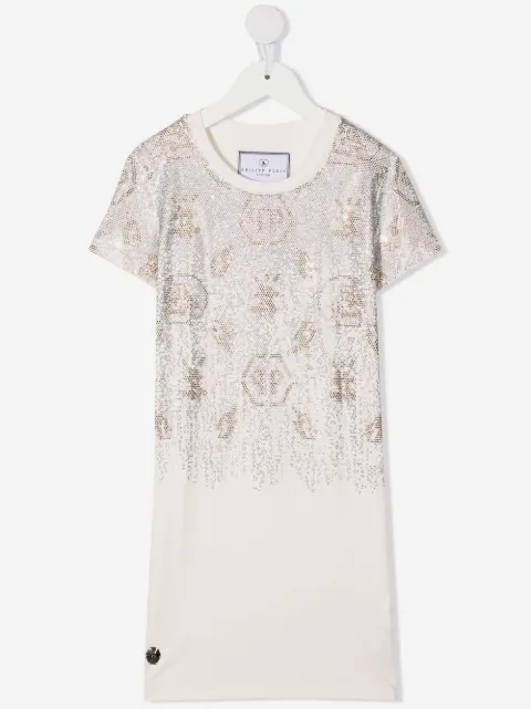Philipp Plein Junior vestido estilo playera con detalles de strass