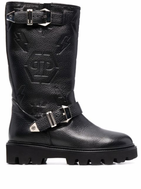 Philipp Plein Biker monogram-debossed leather boots Women