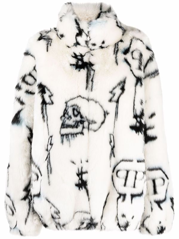 Philipp Plein Faux-Fur monogram-pattern Coat - White