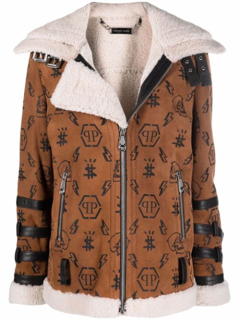 Philipp Plein Monogram shearling-lined suede biker jacket Women