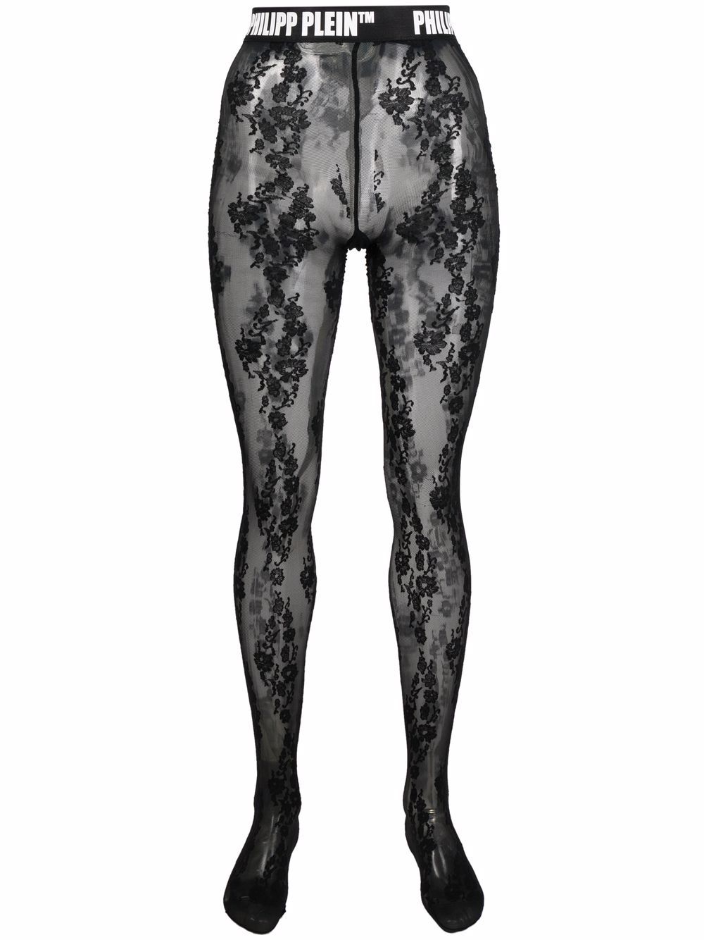 floral-lace logo-waistband tights