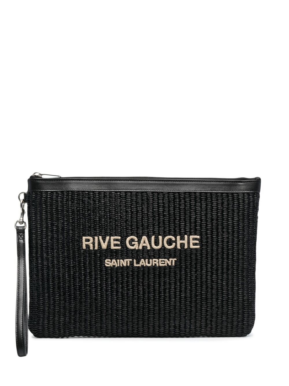 Saint Laurent 'rive Gauche' Logo Embroidered Raffia Pouch In Black