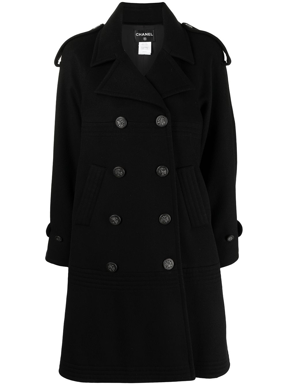 Pre-owned Chanel Long Double-breasted Peacoat In Black